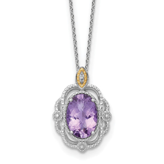 Sterling Silver 14K Gold Accent Oval Amethyst Vintage Necklace 18"