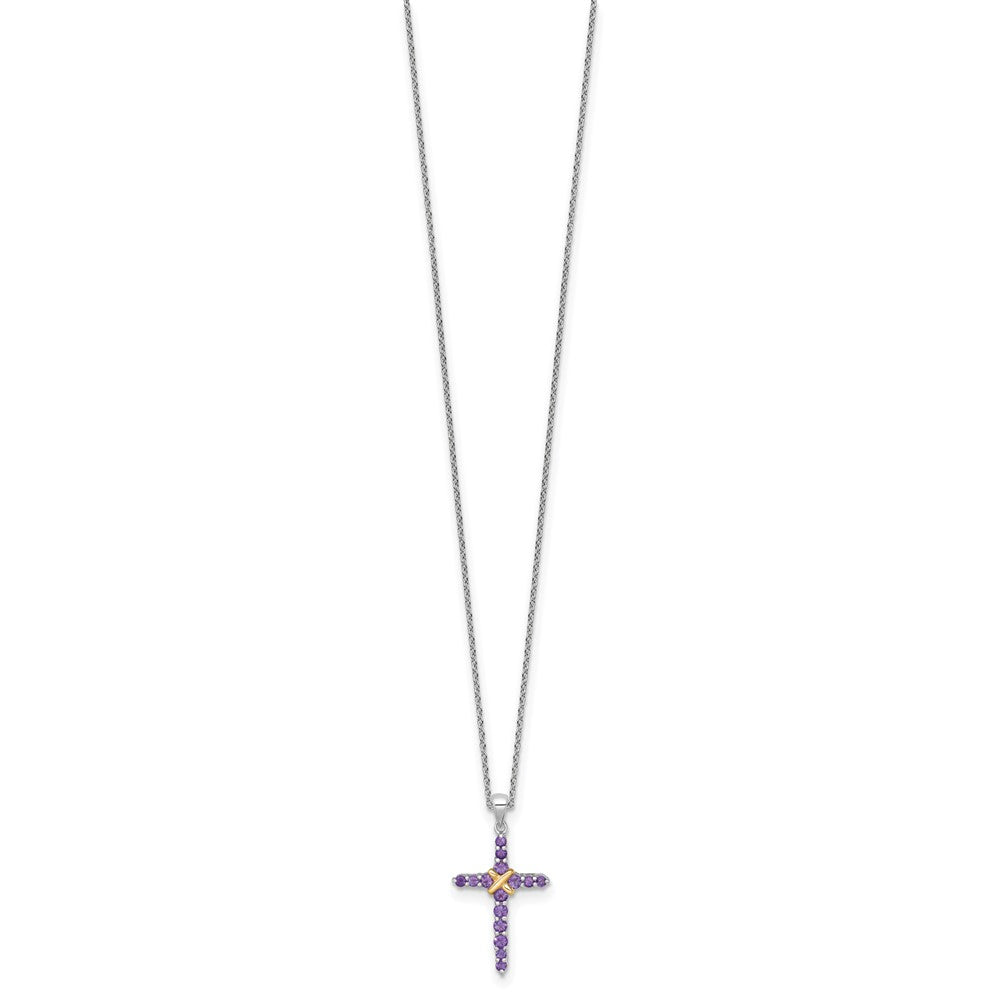 Sterling Silver with 14k -X- Accent Round Amethyst Cross Necklace 18"
