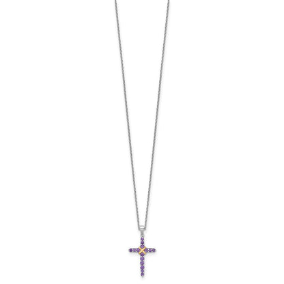 Sterling Silver with 14k -X- Accent Round Amethyst Cross Necklace 18"