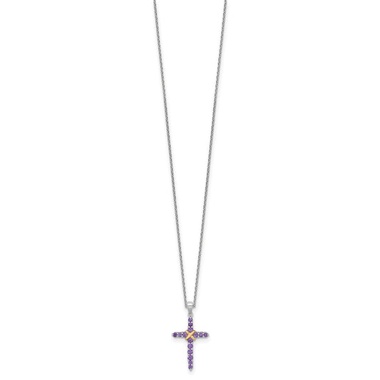 Sterling Silver with 14k -X- Accent Round Amethyst Cross Necklace 18"