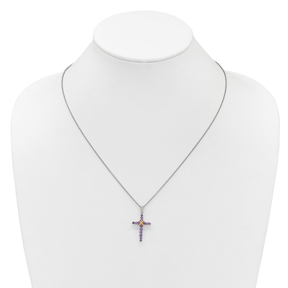 Sterling Silver with 14k -X- Accent Round Amethyst Cross Necklace 18"