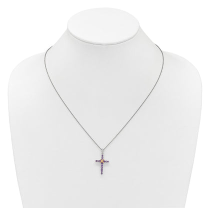 Sterling Silver with 14k -X- Accent Round Amethyst Cross Necklace 18"
