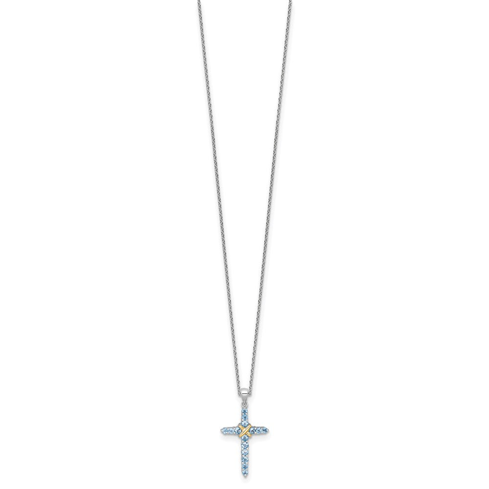 Sterling Silver with 14k -X- Accent Light Swiss Blue Topaz Cross Necklace 18"