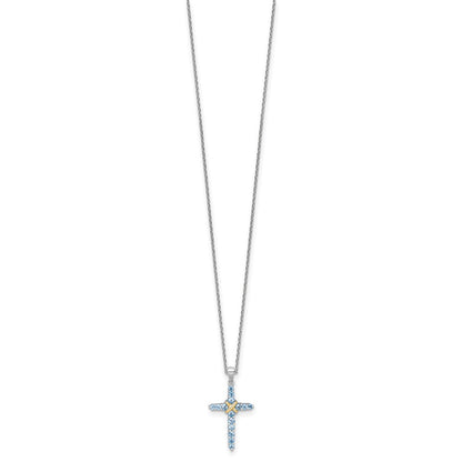 Sterling Silver with 14k -X- Accent Light Swiss Blue Topaz Cross Necklace 18"