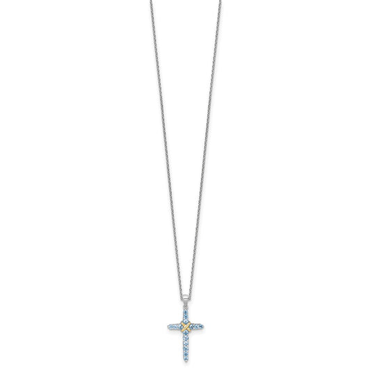 Sterling Silver with 14k -X- Accent Light Swiss Blue Topaz Cross Necklace 18"