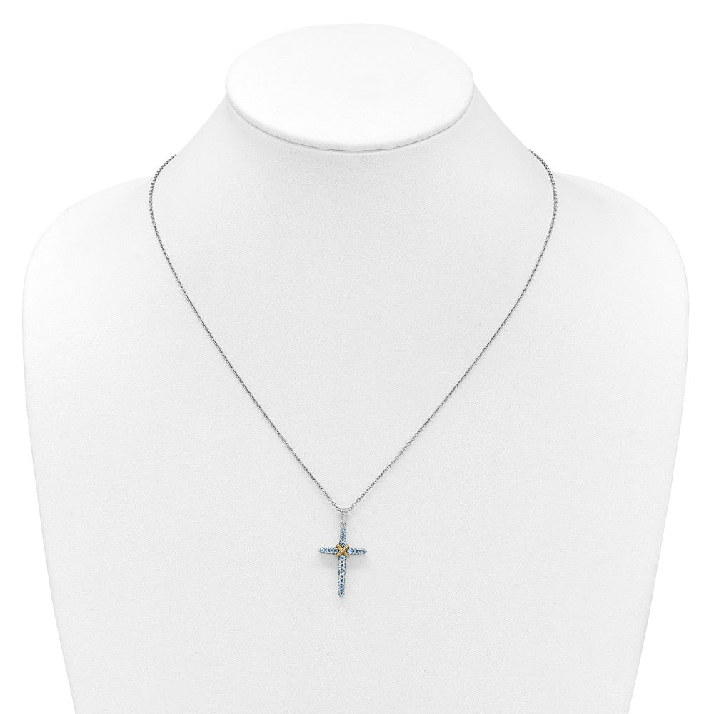 Sterling Silver with 14k -X- Accent Light Swiss Blue Topaz Cross Necklace 18"