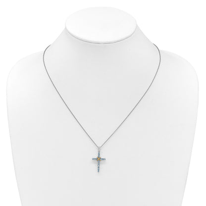 Sterling Silver with 14k -X- Accent Light Swiss Blue Topaz Cross Necklace 18"