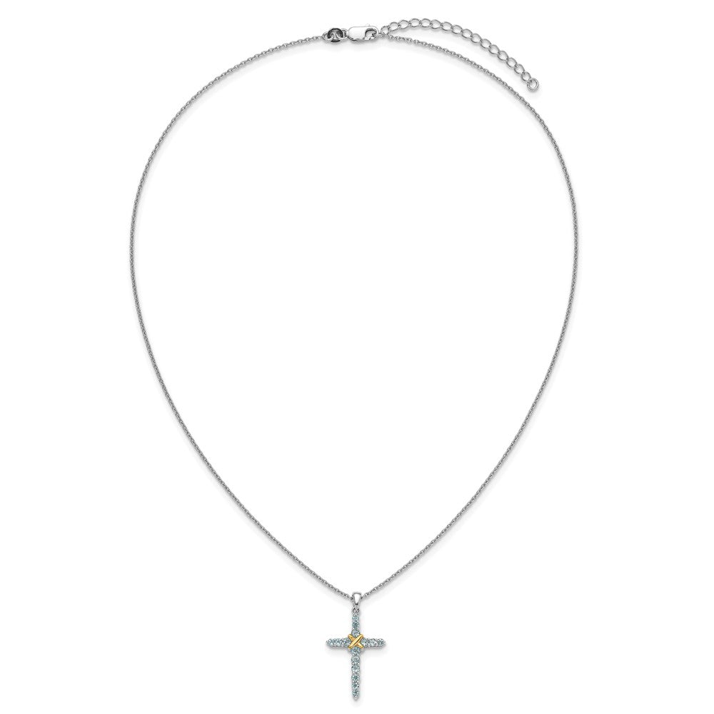 Sterling Silver with 14k -X- Accent Light Swiss Blue Topaz Cross Necklace 18"