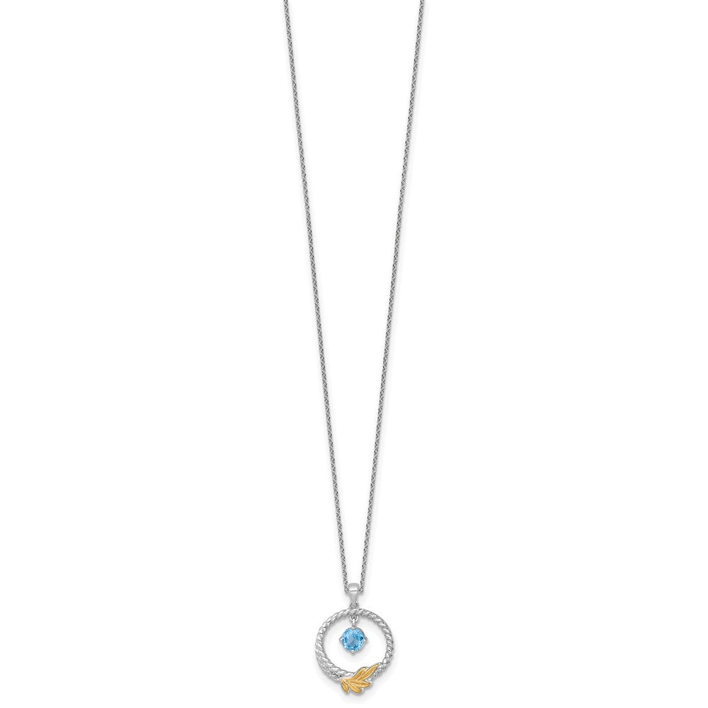 Sterling Silver Twisted Circle 14k Leaf Accent Light Swiss Blue Topaz Necklace 18"