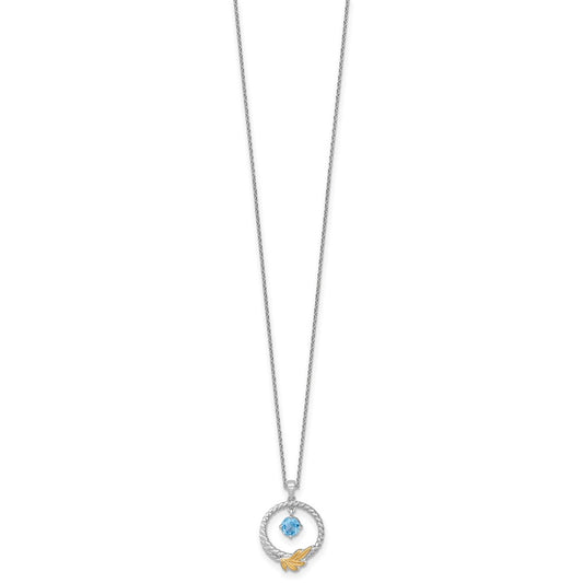 Sterling Silver Twisted Circle 14k Leaf Accent Light Swiss Blue Topaz Necklace 18"