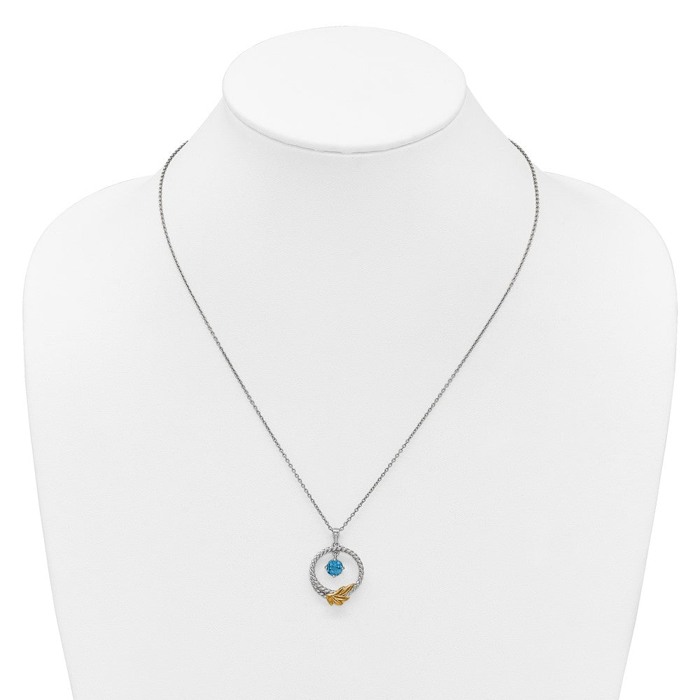 Sterling Silver Twisted Circle 14k Leaf Accent Light Swiss Blue Topaz Necklace 18"