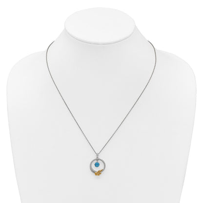 Sterling Silver Twisted Circle 14k Leaf Accent Light Swiss Blue Topaz Necklace 18"