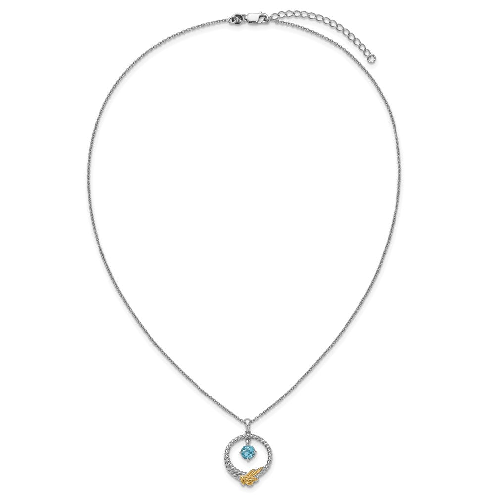 Sterling Silver Twisted Circle 14k Leaf Accent Light Swiss Blue Topaz Necklace 18"