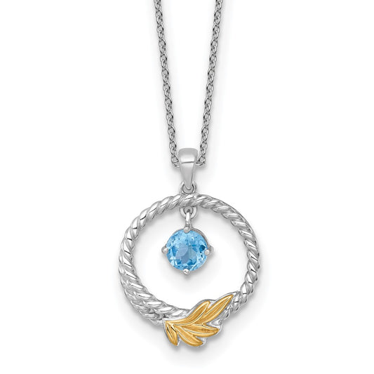 Sterling Silver Twisted Circle 14k Leaf Accent Light Swiss Blue Topaz Necklace 18"