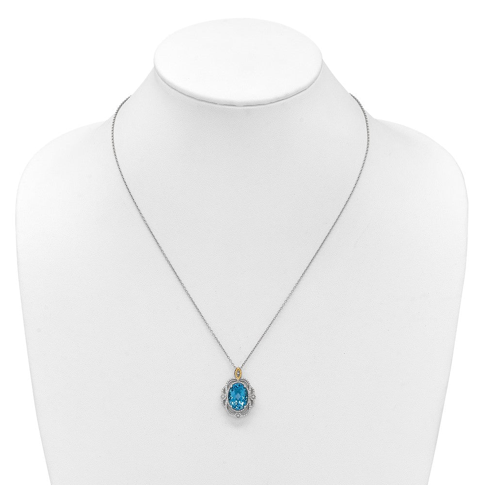 Sterling Silver 14K Gold Accent Oval Light Swiss Blue Topaz Vintage Necklace 18"