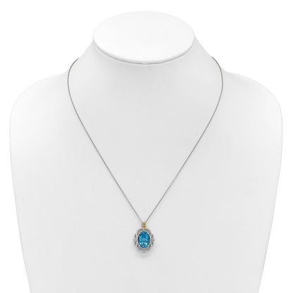 Sterling Silver 14K Gold Accent Oval Light Swiss Blue Topaz Vintage Necklace 18"