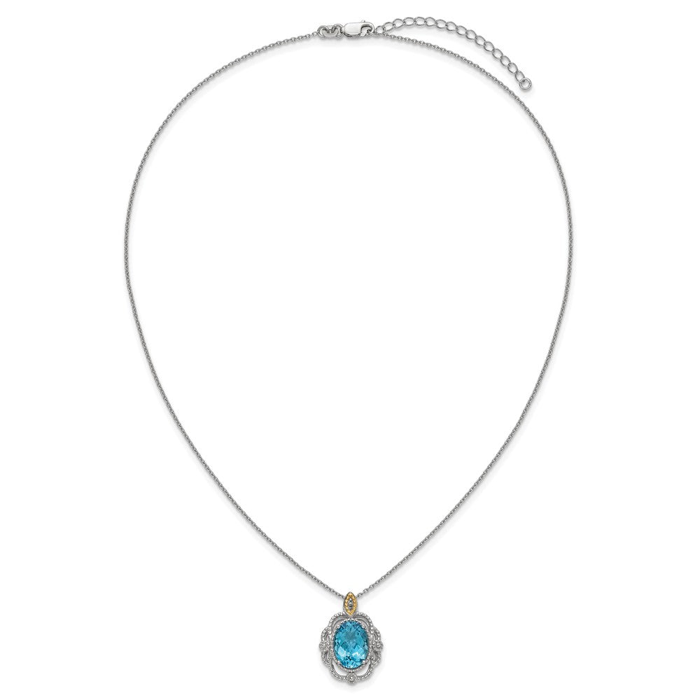 Sterling Silver 14K Gold Accent Oval Light Swiss Blue Topaz Vintage Necklace 18"