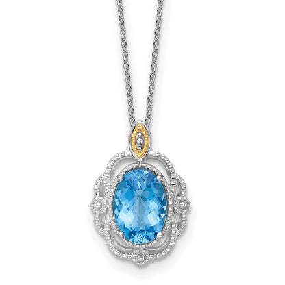 Sterling Silver 14K Gold Accent Oval Light Swiss Blue Topaz Vintage Necklace 18"