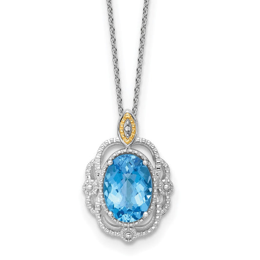 Sterling Silver 14K Gold Accent Oval Light Swiss Blue Topaz Vintage Necklace 18"