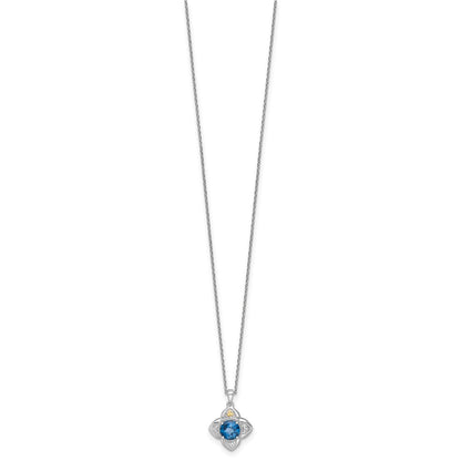 Sterling Silver 14K Gold Accent Round London Blue Topaz Flower Necklace 18"