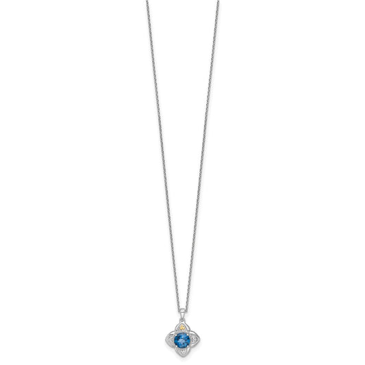 Sterling Silver 14K Gold Accent Round London Blue Topaz Flower Necklace 18"
