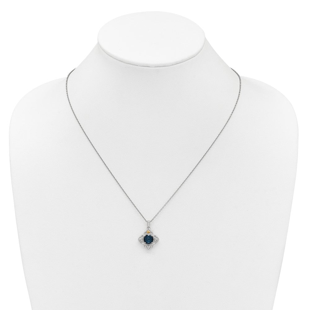 Sterling Silver 14K Gold Accent Round London Blue Topaz Flower Necklace 18"