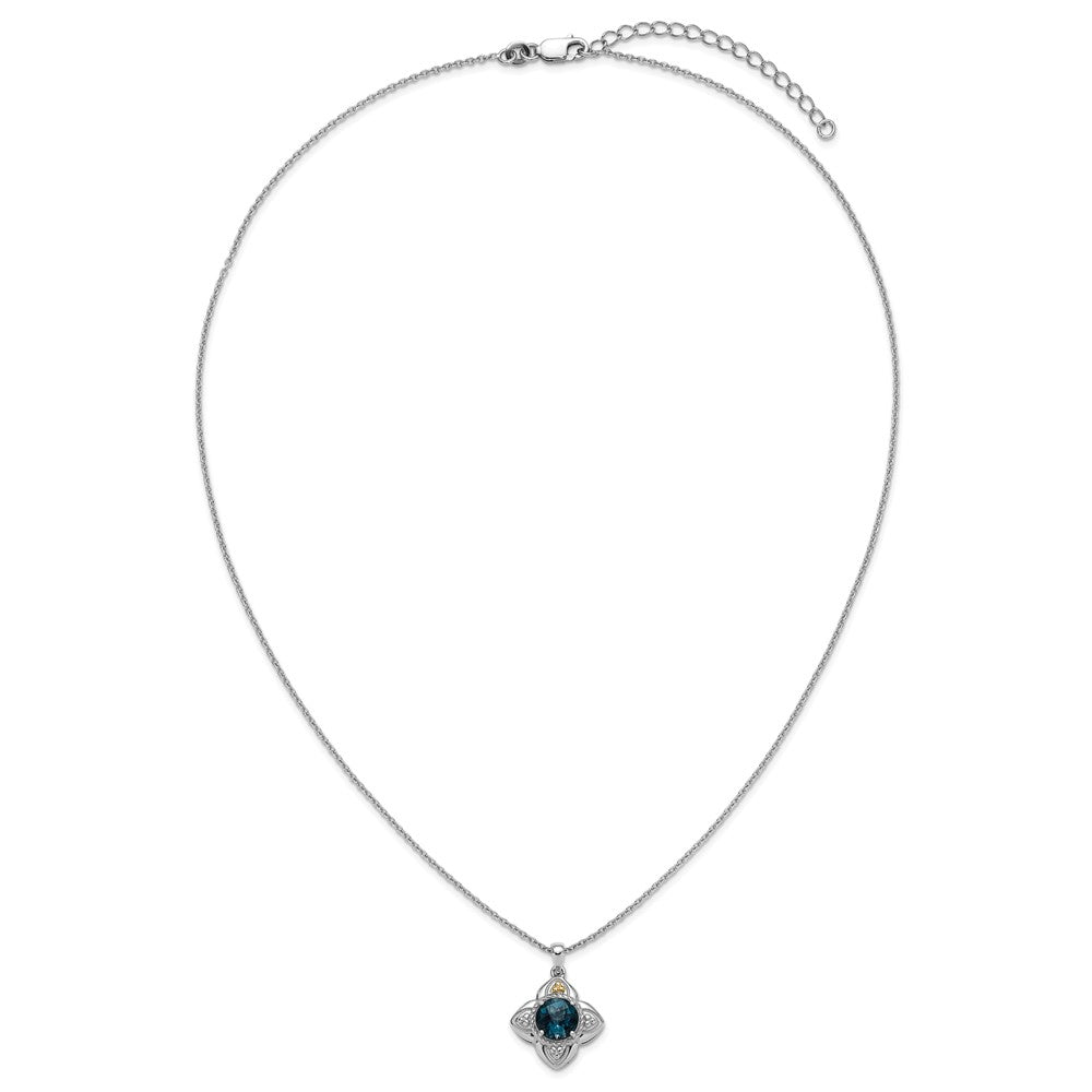 Sterling Silver 14K Gold Accent Round London Blue Topaz Flower Necklace 18"
