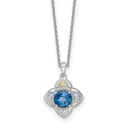 Sterling Silver 14K Gold Accent Round London Blue Topaz Flower Necklace 18"