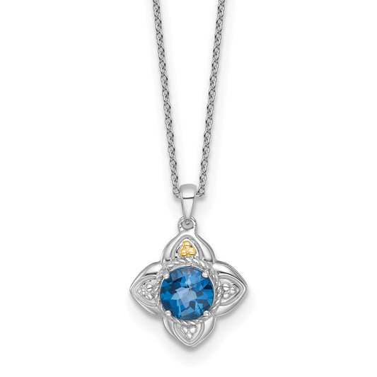 Sterling Silver 14K Gold Accent Round London Blue Topaz Flower Necklace 18"