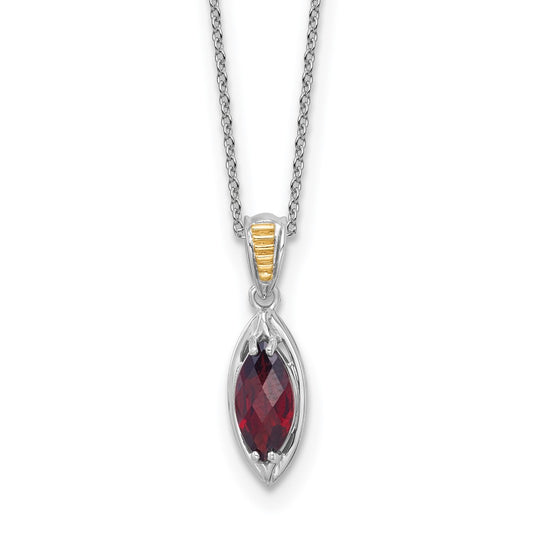 Sterling Silver 14K Gold Accent Marquise Garnet Navette Necklace 18"