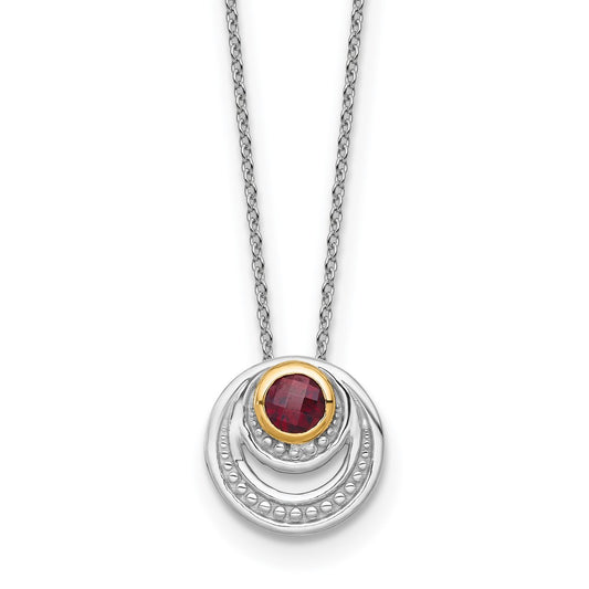 Sterling Silver 14K Gold Accent Round Garnet Swirl Circle Necklace 18"