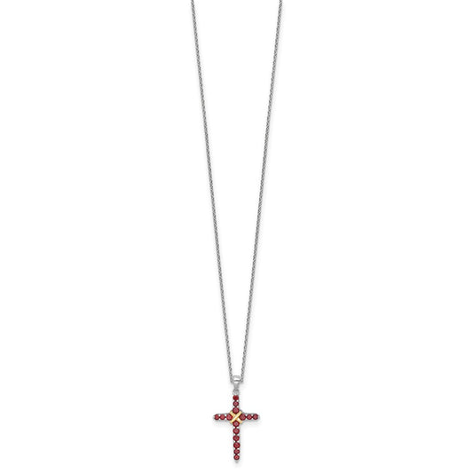 Sterling Silver with 14k -X- Accent Round Garnet Cross Necklace 18"
