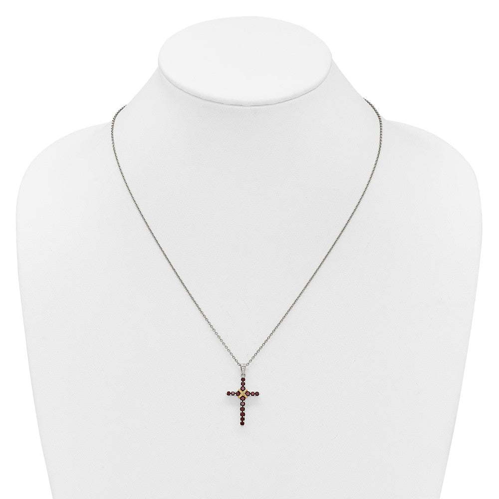 Sterling Silver with 14k -X- Accent Round Garnet Cross Necklace 18"
