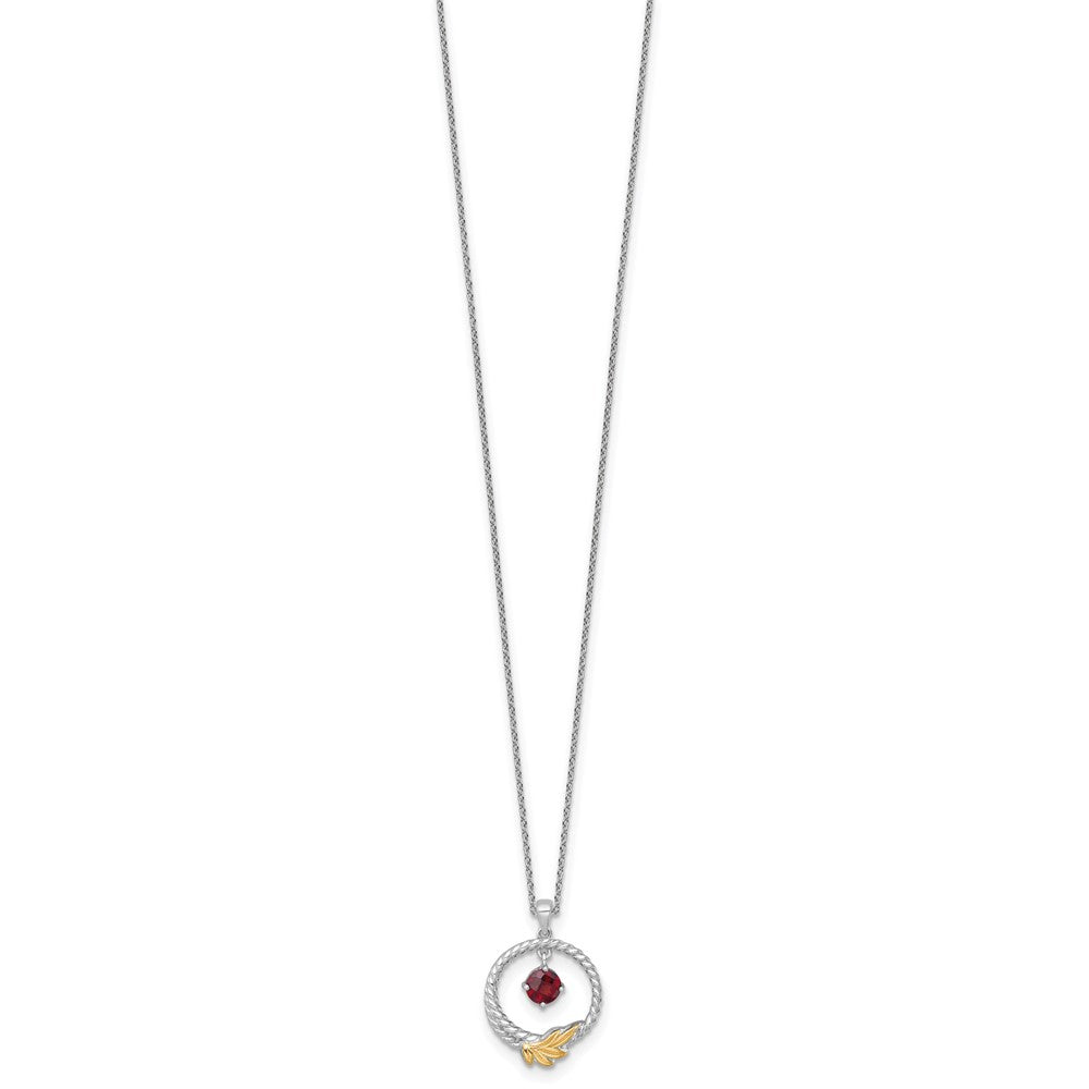 Sterling Silver Twisted Circle with 14k Leaf Accent Round Garnet Dangle Necklace 18"