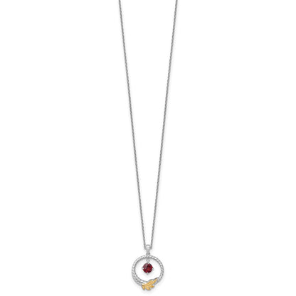 Sterling Silver Twisted Circle with 14k Leaf Accent Round Garnet Dangle Necklace 18"