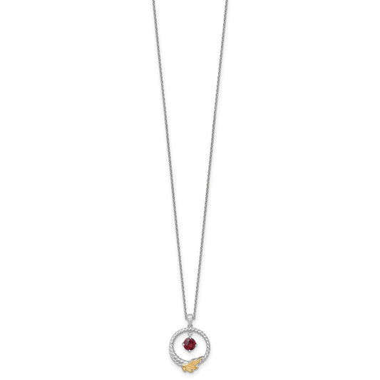 Sterling Silver Twisted Circle with 14k Leaf Accent Round Garnet Dangle Necklace 18"