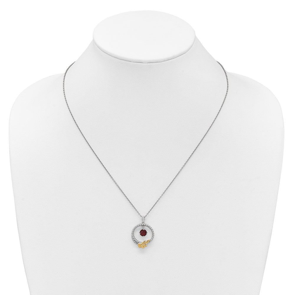 Sterling Silver Twisted Circle with 14k Leaf Accent Round Garnet Dangle Necklace 18"