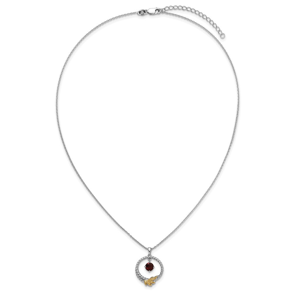 Sterling Silver Twisted Circle with 14k Leaf Accent Round Garnet Dangle Necklace 18"
