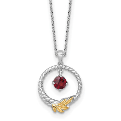 Sterling Silver Twisted Circle with 14k Leaf Accent Round Garnet Dangle Necklace 18"