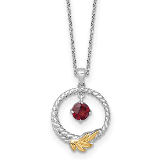 Sterling Silver Twisted Circle with 14k Leaf Accent Round Garnet Dangle Necklace 18"