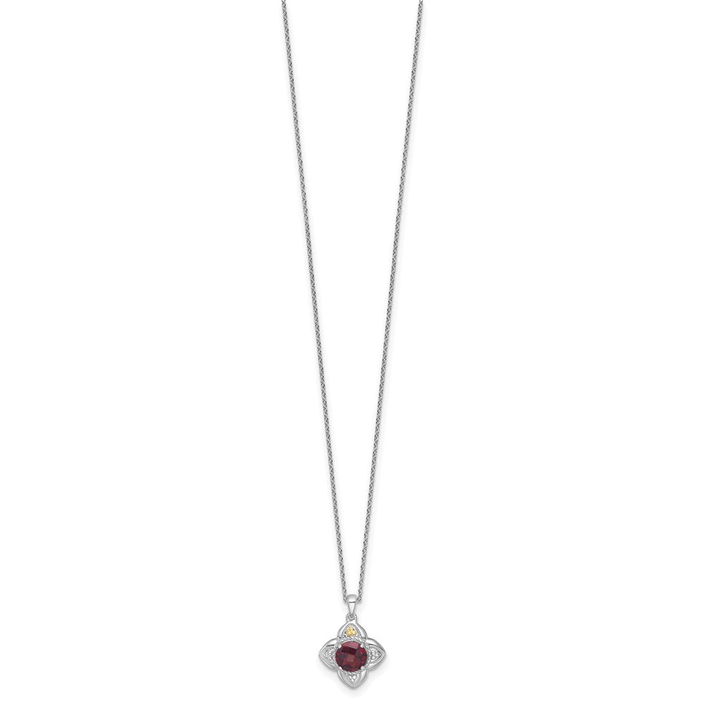 Sterling Silver 14K Gold Accent Round Garnet Flower Necklace 18"