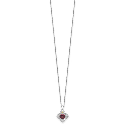 Sterling Silver 14K Gold Accent Round Garnet Flower Necklace 18"