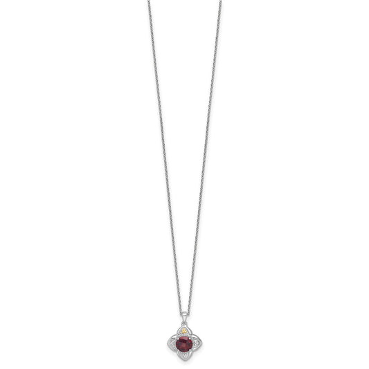 Sterling Silver 14K Gold Accent Round Garnet Flower Necklace 18"