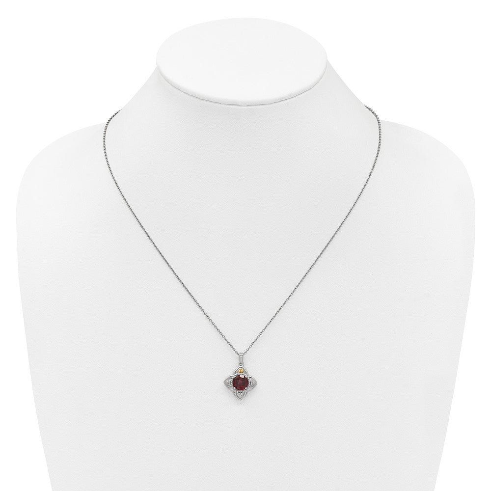 Sterling Silver 14K Gold Accent Round Garnet Flower Necklace 18"
