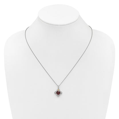 Sterling Silver 14K Gold Accent Round Garnet Flower Necklace 18"