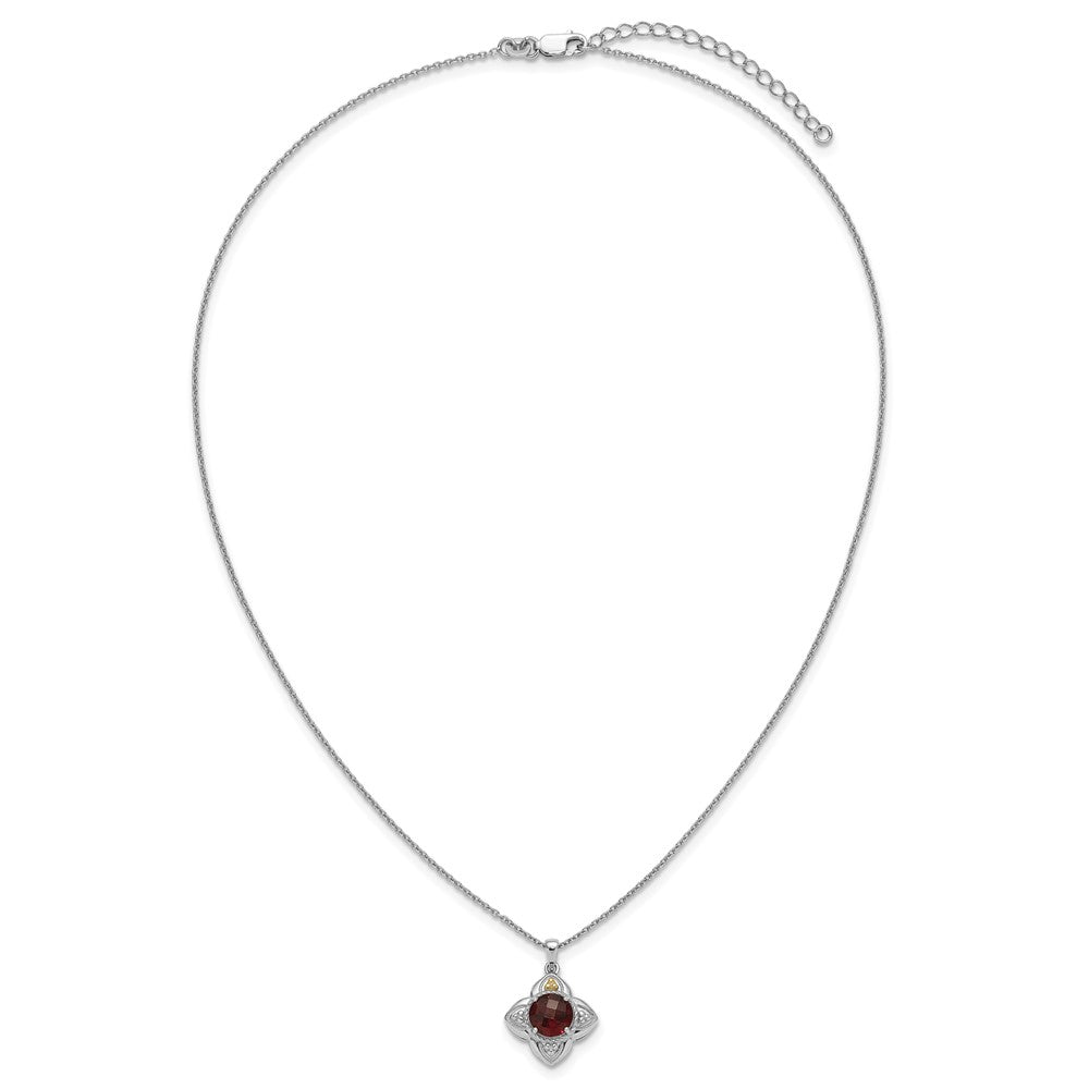 Sterling Silver 14K Gold Accent Round Garnet Flower Necklace 18"