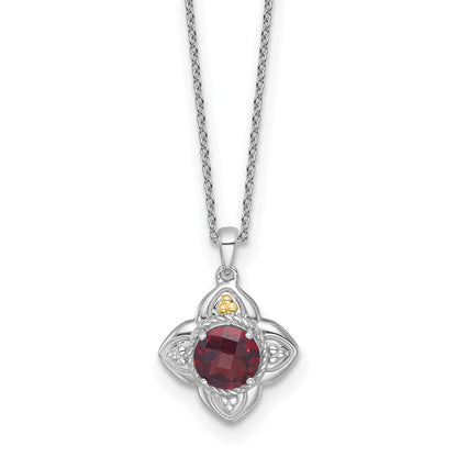 Sterling Silver 14K Gold Accent Round Garnet Flower Necklace 18"