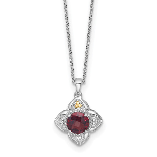 Sterling Silver 14K Gold Accent Round Garnet Flower Necklace 18"