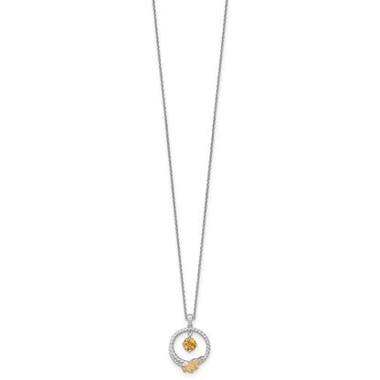 Sterling Silver Twisted Circle 14k Leaf Accent Round Citrine Dangle Necklace 18"
