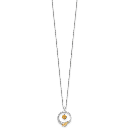 Sterling Silver Twisted Circle 14k Leaf Accent Round Citrine Dangle Necklace 18"